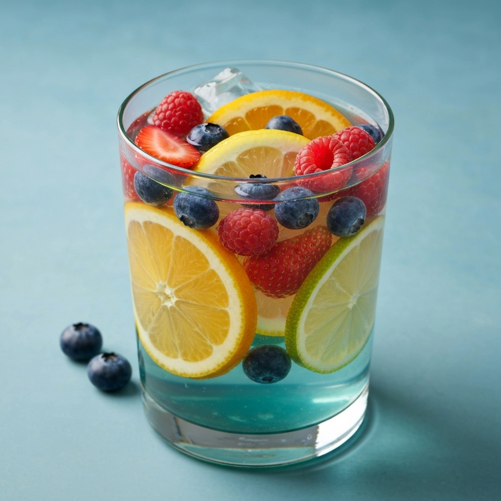 Citrus Berry Blast infused water with fresh fruits and herbs in clear glass pitcher
